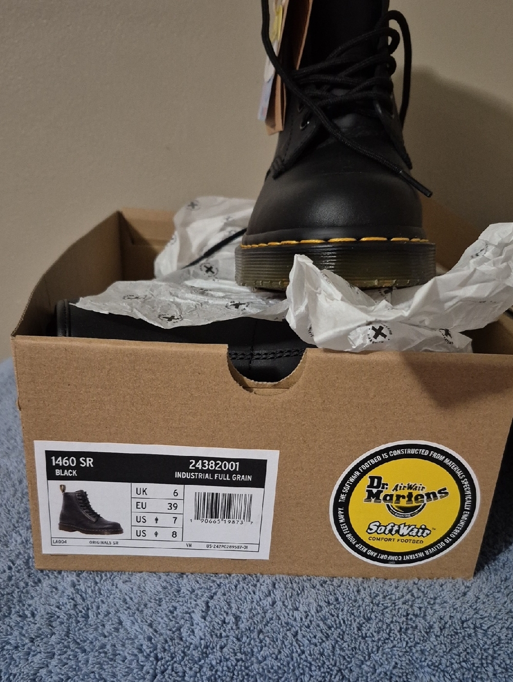 Dr. Martens Black Leather Lace-Up Boot with Yellow Stitching